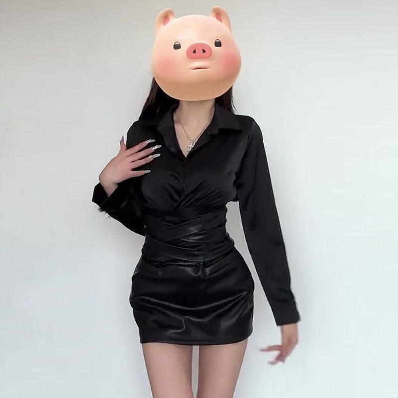 Women's Plus Size Black PU Leather Bodycon Mini Skirt - High-End Spring/Autumn Style with Ant Waist Design