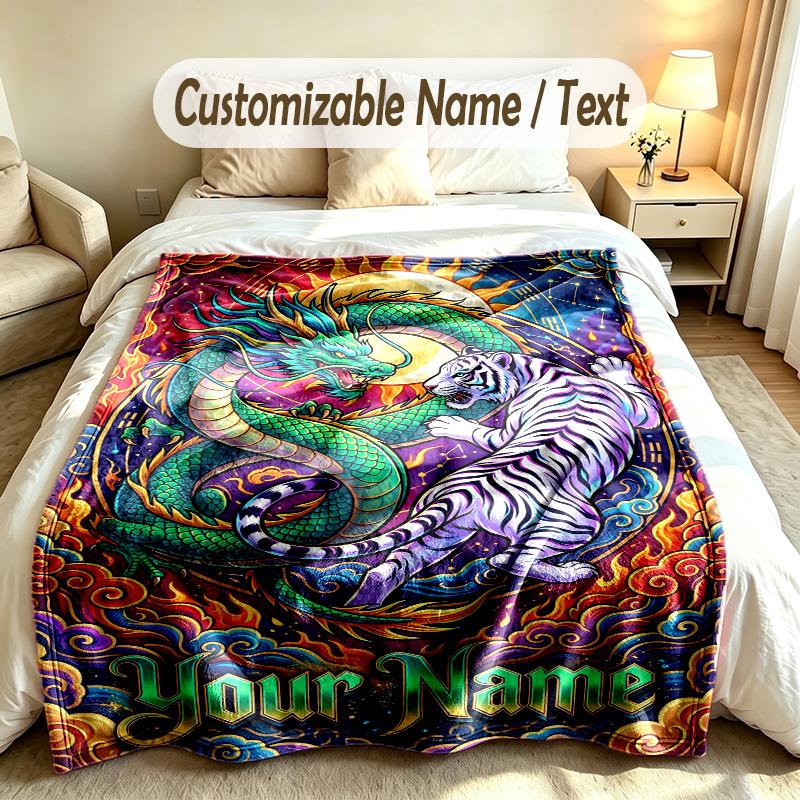 Dragon Phoenix Theme Soft Blanket Personalized Custom Name Text Print Warm Blanket Home Sofa Bedroom Decor