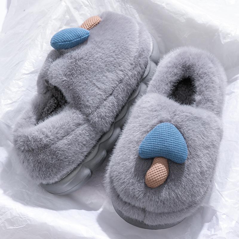 Cute Mushroom Cotton Slippers Women's Winter Bag Heel Warm Home Home Non-slip Couple Plush Thick-soled Fluffy Shoes Women