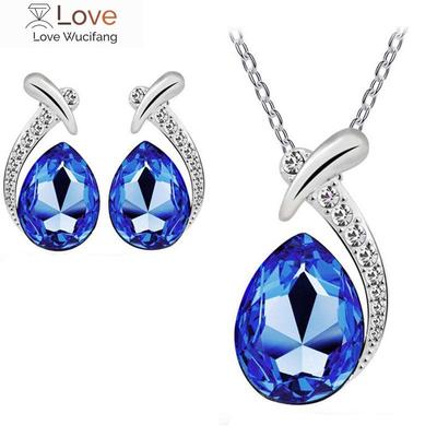 Water Drop Shape Many Color Setting Crystal Necklace Earrings Sets Silver Color Zinc Alloy Material Party Jewelry Sets For Women