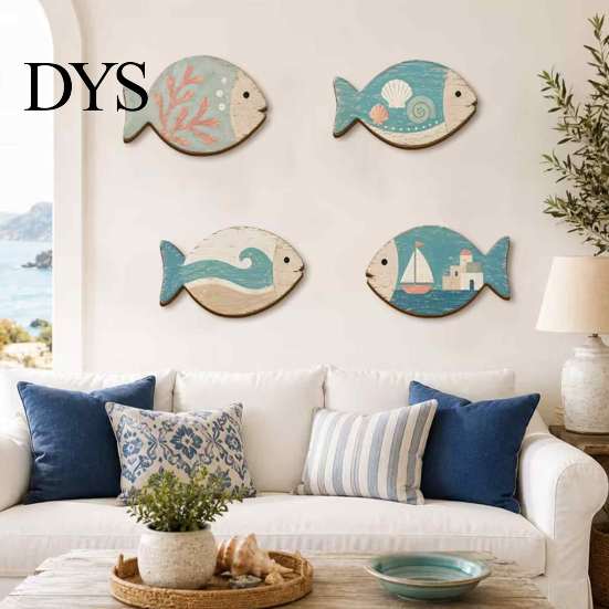 Mediterranean Decor for Vacation Cabin 4Pcs Wooden Hanging Fish Wall Art, Coastal Bathroom Plaque with Nautical Beach House Home Theme Living