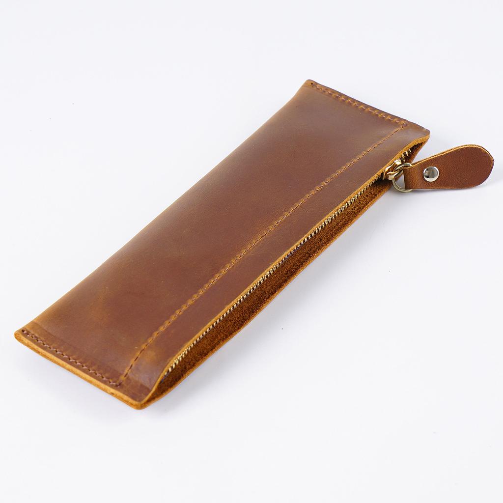 2026 Leather Pencil Bag Academy First Layer Crazy Horse Leather Handmade Change Bag Student Pencil Bag Stationery Storage Bag