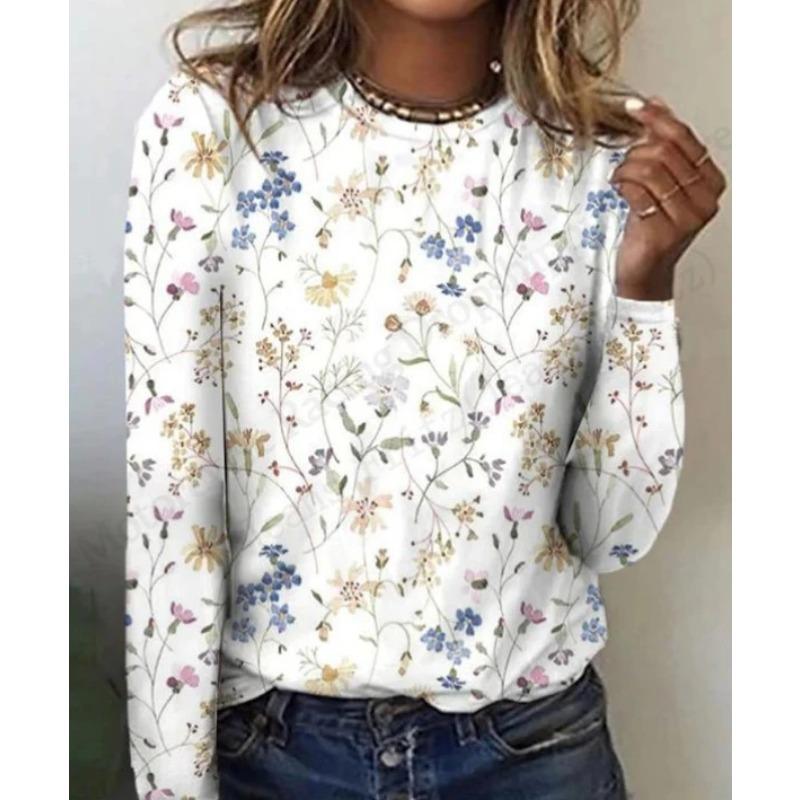 2025 New Floral 3d Print T-Shirt Casual Crew Neck Long Sleeve T-shirt Women's Clothing Fashion Casual Oversized Tops Tees Female