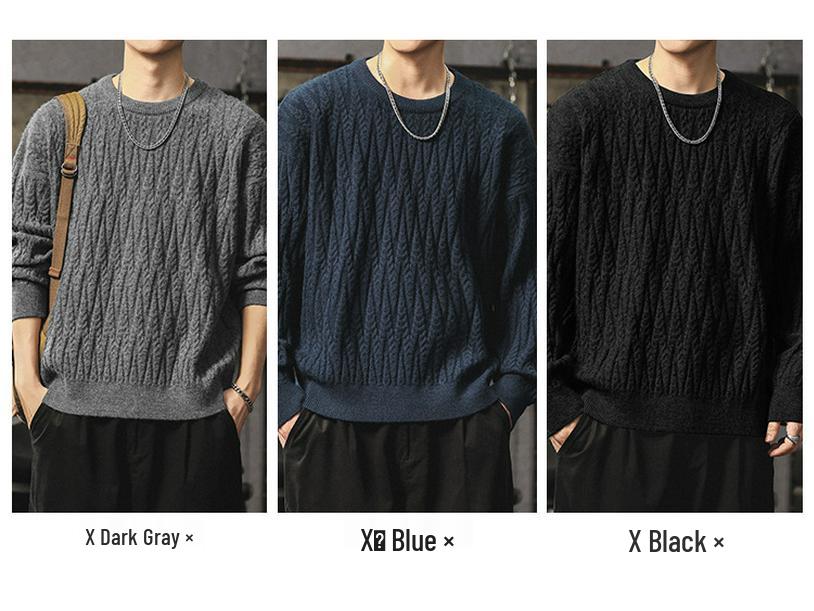 Men's Heavyweight Cable Knit Sweater - Warm, Trendy, Casual, and Versatile Round Neck Knitwear