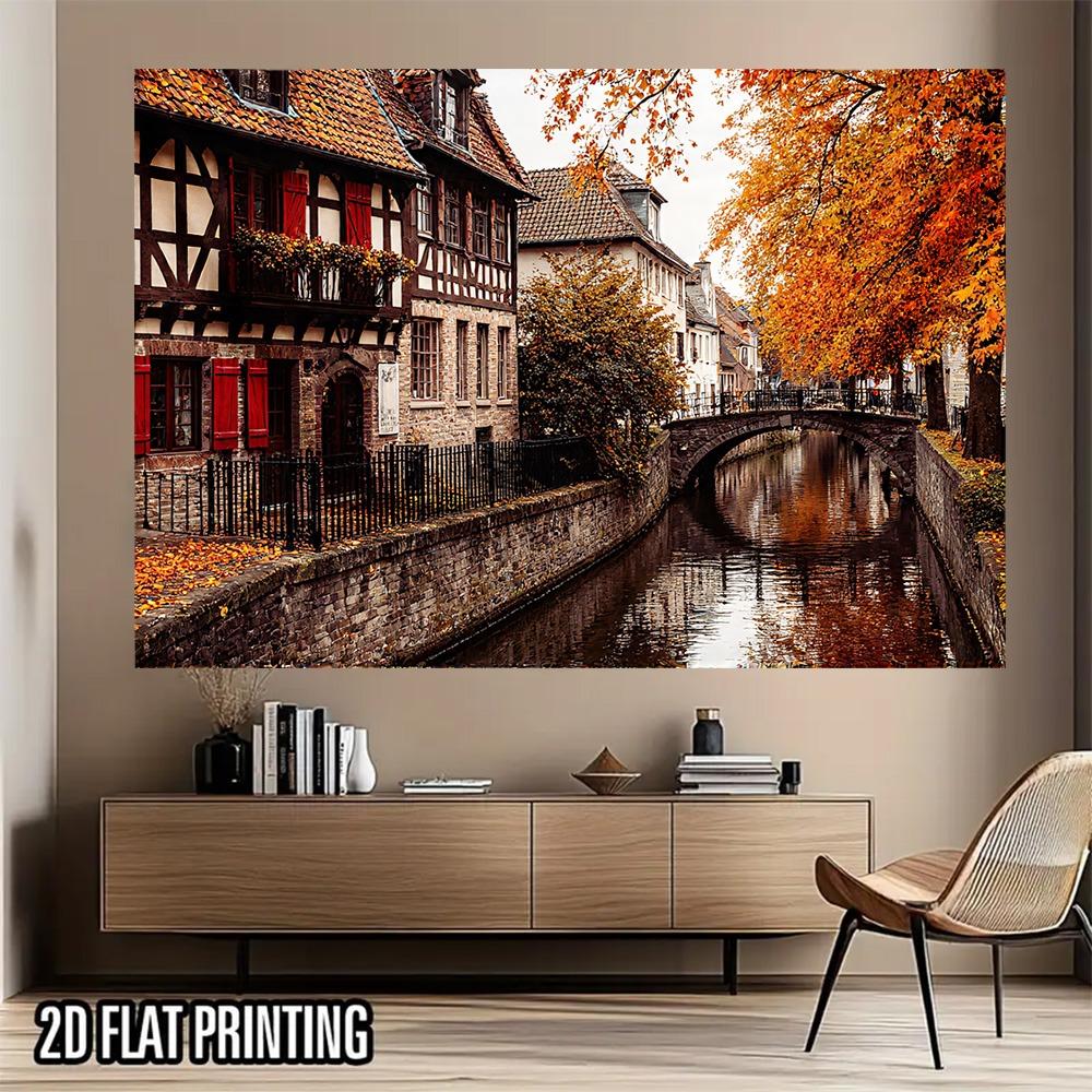 Autumn Canal Town with Half Timbered Houses Wall Tapestry 2D Flat Print European Village Art Nature Decor Home Interior Hanging