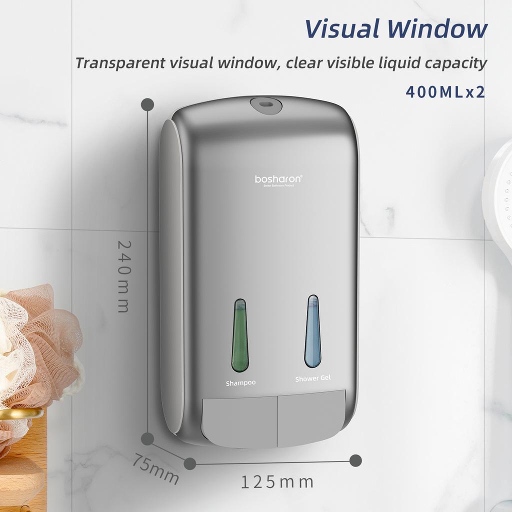 2-in-1 Shower Shampoo Soap Dispenser No Drill Wall-Mounted Shower Pump Soap Dispenser 2 Chamber Body Wash Dispenser for Bathroom