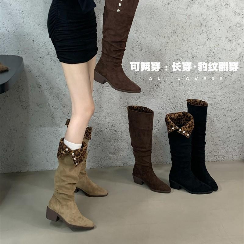 Pleated stacked boots women's 2025 autumn and winter new high knight boots pointed thick heel two wear long boots women's boots