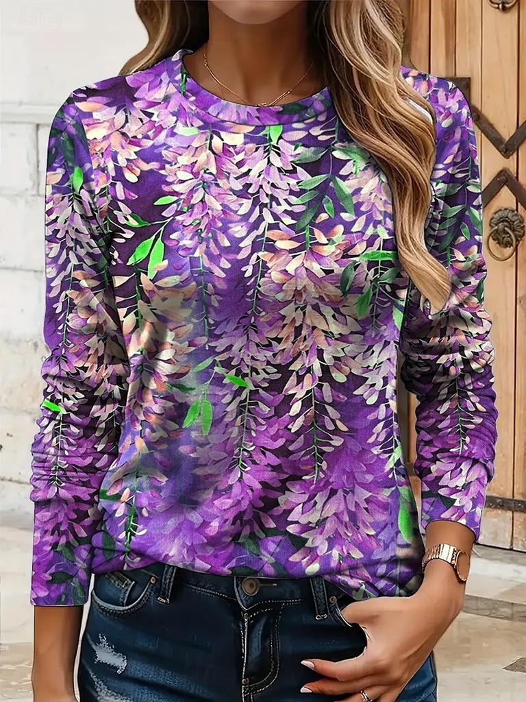 Women's 3D Plant Print T-shirt Fashion Long Sleeve Round Neck Regular Tops Holiday Weekend Spring and Autumn