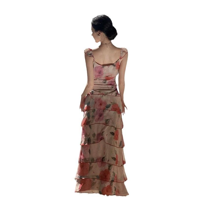 Pink Retro Oil Painting Print Suspender Dress Women's Summer French Waist Thin Seaside Vacation Cake Skirt