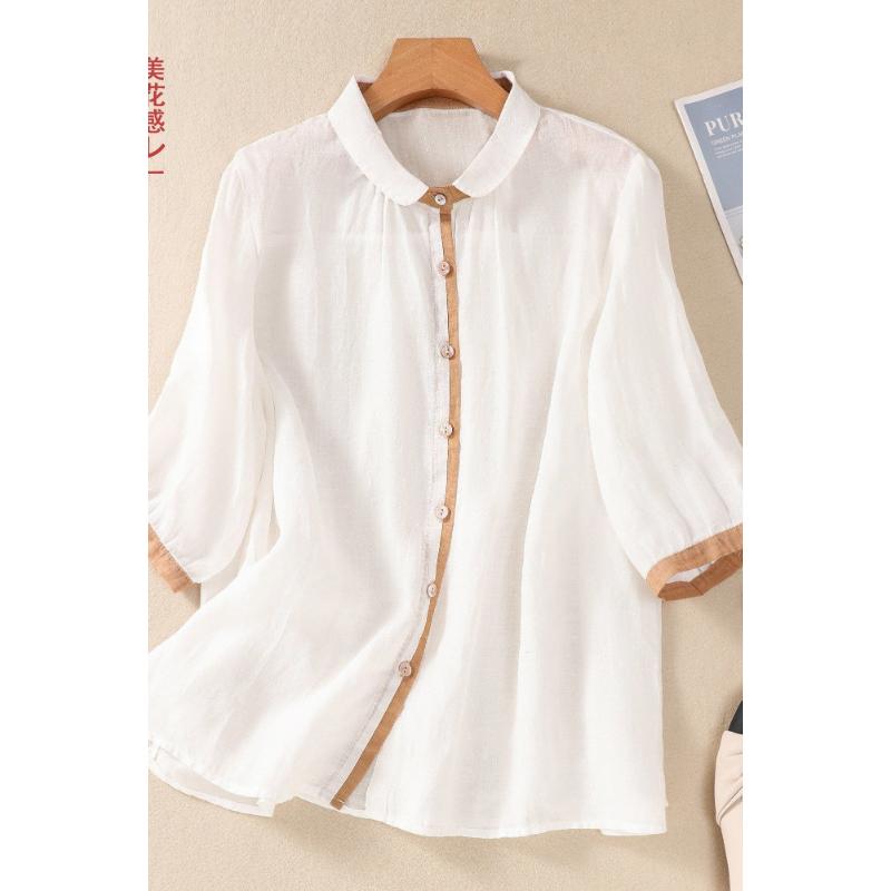 New Lapel Color-blocked Cotton Linen Three-quarter Sleeve Shirt Single-breasted Solid Color Versatile Casual Slimming Top