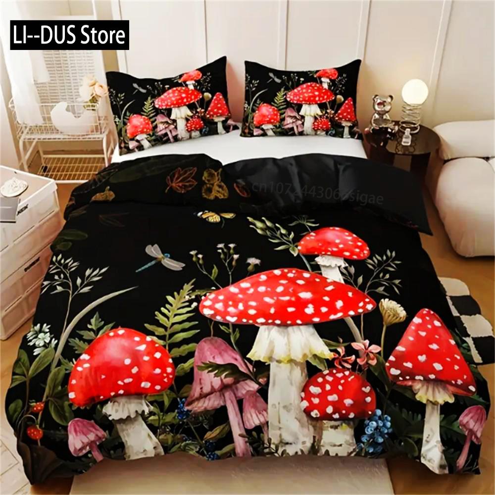 Bettdecke 3-teilig Queen Size Roter Pilzdruck - Weiche Atmungsaktive Und Bequeme Polyester-Bettwäsche Mit Abstraktem