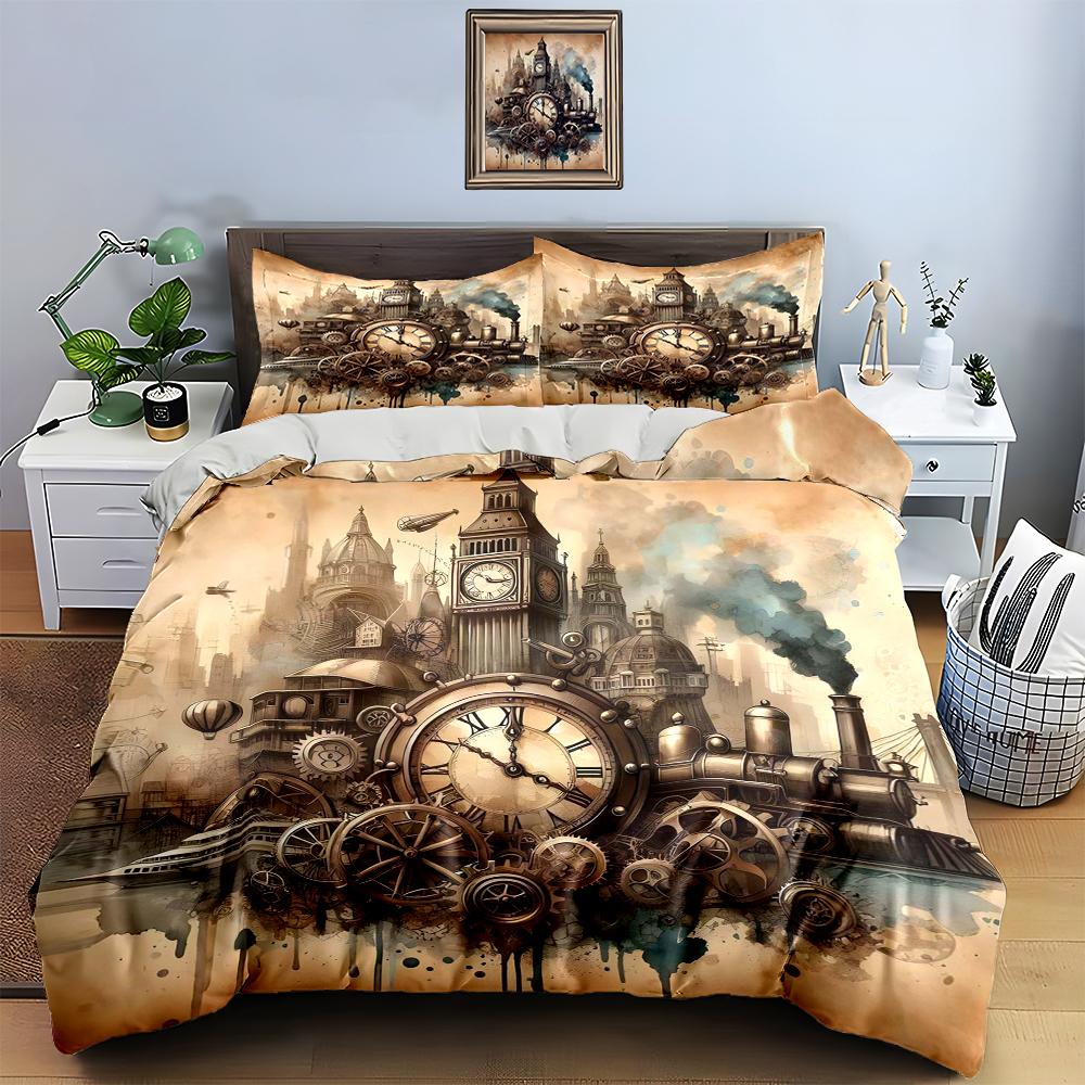 Steampunkowe miasto z mechanizmami Pościel Zestawy poszewek na kołdrę Poszewki na poduszki prezenty (1 * Poszewka na kołdrę 2 * Poszewki na poduszki, bez wkładu do kołdry)