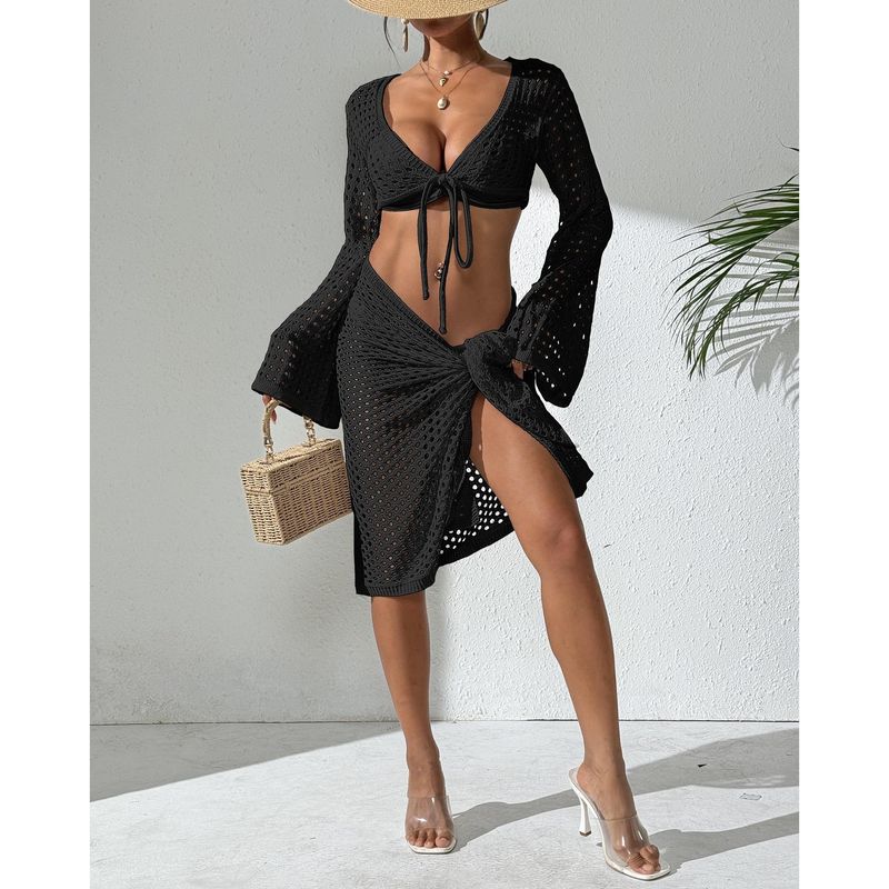 

Girls Beach Suit European and American Women clothes Short Jacket plus Solid Skirt Bikini cover-up Two-piece Set Black One size