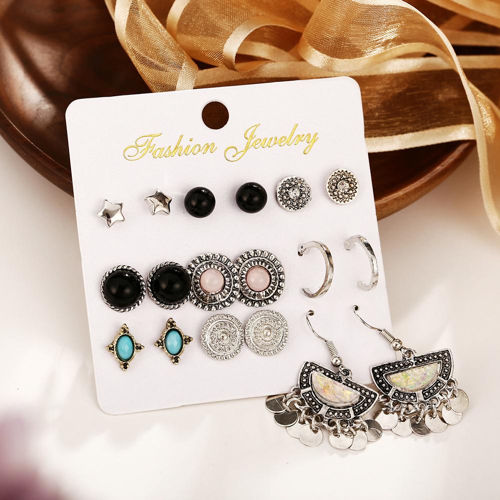 9Pairs/Set Women Retro Elegant Alloy Bright Fashion Earrings