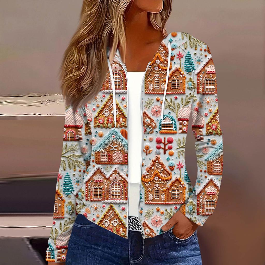 Women's Fashion Christmas Print Casual Zip-Up Long-Sleeved Hooded Jacket