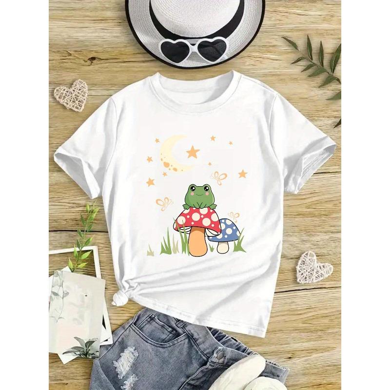 Kids Cartoon Frog Watching Moon Graphic Crewneck Short Sleeve T-Shirt 110 белый