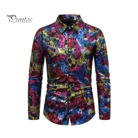 

Мужская клубная рубашка с принтом под змеиную кожу, отложным воротником, облегающая рубашка на пуговицах с длинным рукавом, одежда для выступлений в ночном клубе S разноцветный