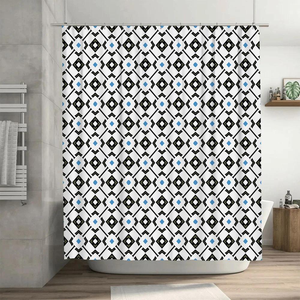 Modern Style Black White Blue Geometric Pattern Waterproof Shower Curtain Decoration for Bathroom 72x39inches