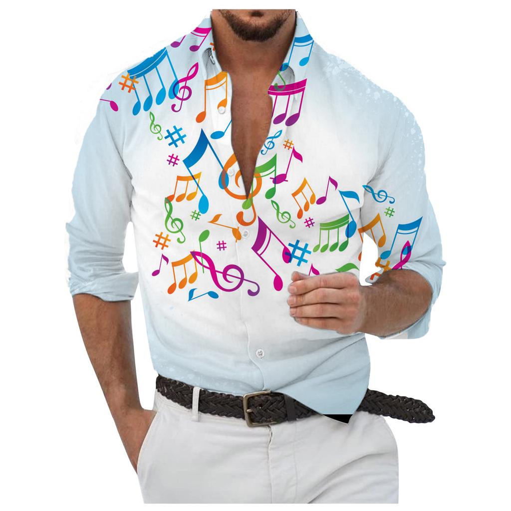 Men's Button Up Shirt Music Notes Collar 3D Print Daily Vacation Long Sleeve Print Clothing Apparel Hawaiian Casual Beach