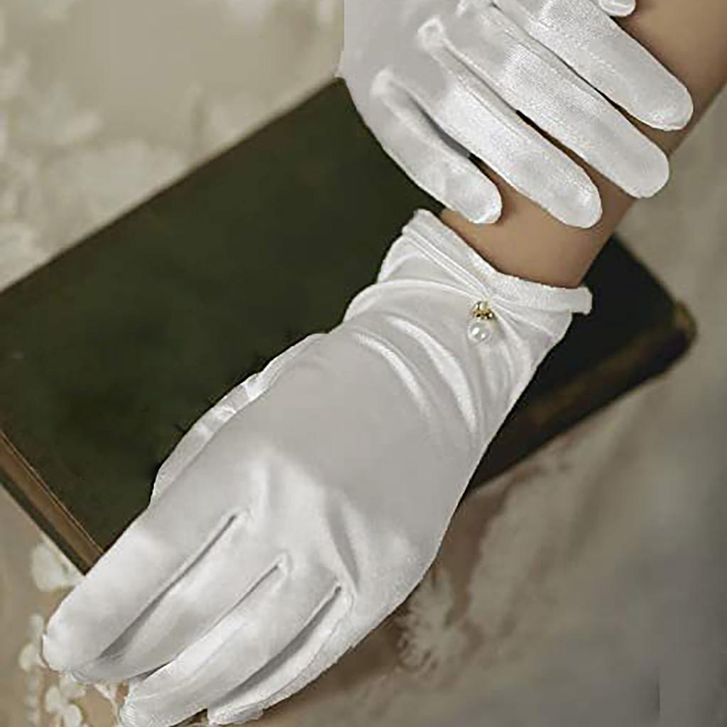Satins Gloves Evening Gown Gloves with Pearls Decors Wedding Bride Gloves for Formal Occasion Stage Props Hand Gloves