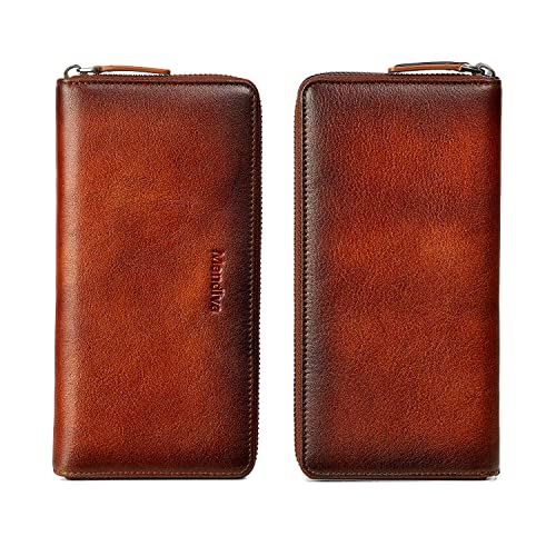 [Mandiva] Men's and Women's Long Wallet, Genuine Leather, Separate Coin Purse, Large Capacity, Round Zipper, Top Leather (Camel)