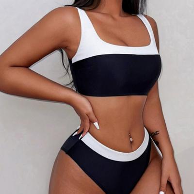 Women's Swimsuit Sexy Black and White Color-blocking Back Tied Bikini Split Swimsuit Beachwear Bathing Suits