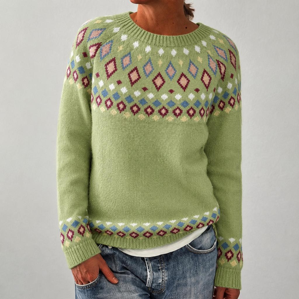 Women's Round Neck Geometric Color Block Loose Fit Pullover Sweater