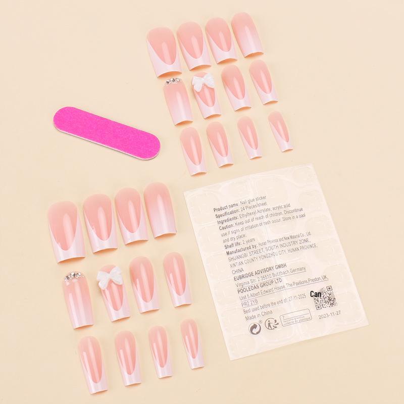 European & American Rhinestone Bowknot French Manicure Medium-Long False Nails
