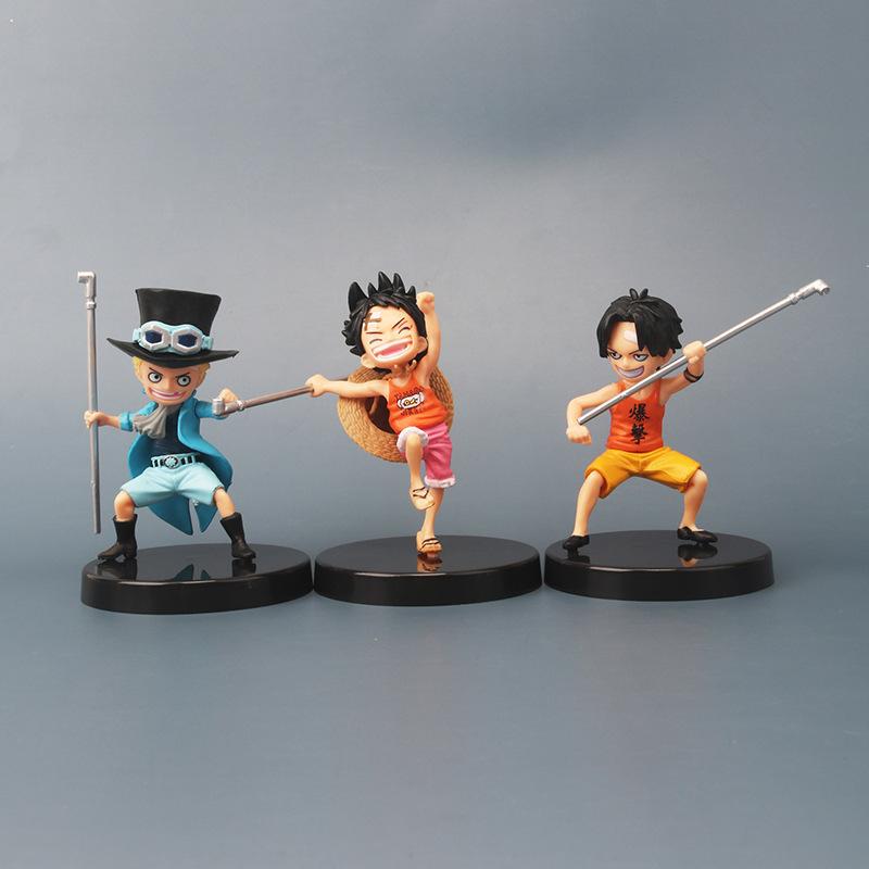

3Pcs/Lot 10cm Anime One Piece Luffy Ace Sabo PVC Action Figurine With Stick PVC Action Figure Model Toys Dolls Kids Gifts