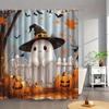 "Halloween Ghost Shower Curtain, Waterproof Fabric With Pumpkin And Bat Design, Spooky Cartoon Decor For Bathroom, Festive Theme
