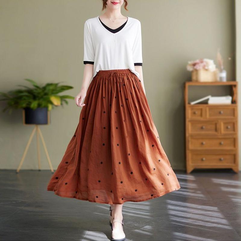 High Waist Polka Dot Literary Ramie Midi Skirt Women's Spring Summer Design Versatile
