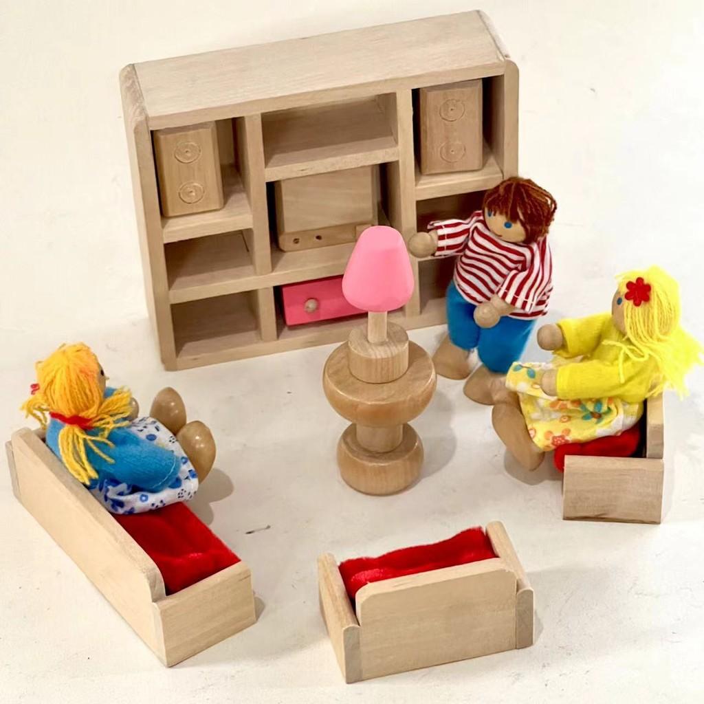 Entzückendes Holzpuppenhaus-Möbelset für Kinder mit farbenfrohen Schlafzimmer-, Küchen- und Wohnzimmer-Accessoires