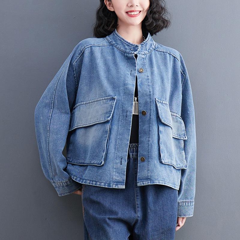 Loose Big Pocket Stand Collar Denim Jackets Female Long Sleeve Loose Long Sleeve Outwear Women's Coat 2025 Autumn