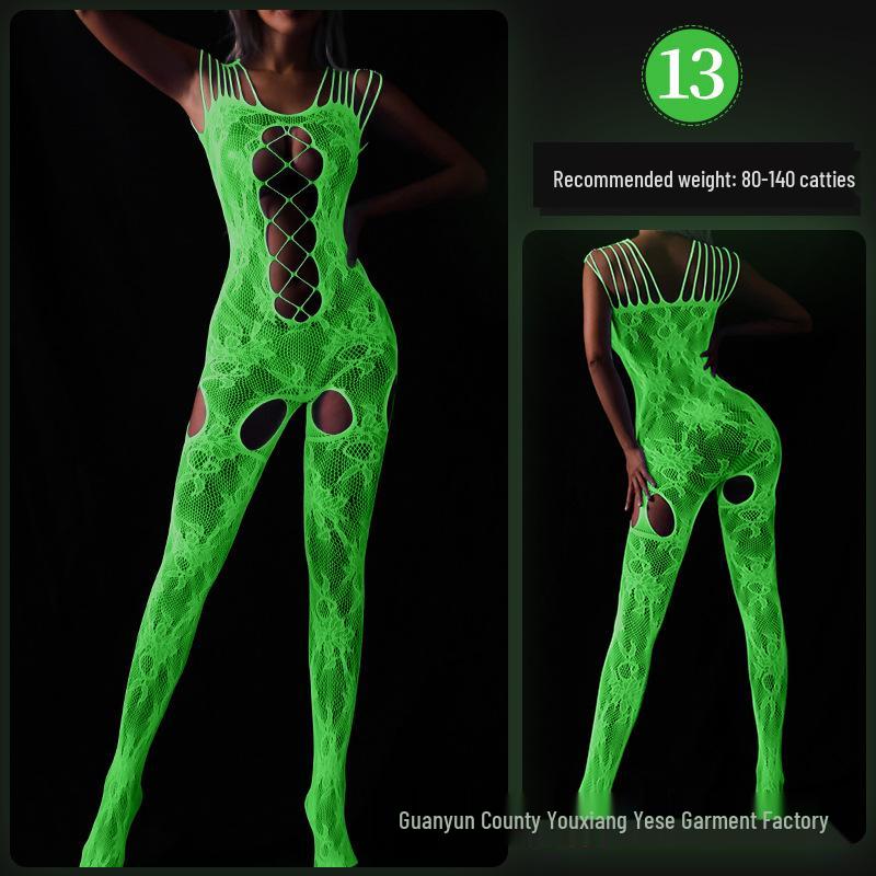 Linlinting Plus Size Glow-in-the-Dark Fishnet Bodystocking with Luminous Bandeau and Socks