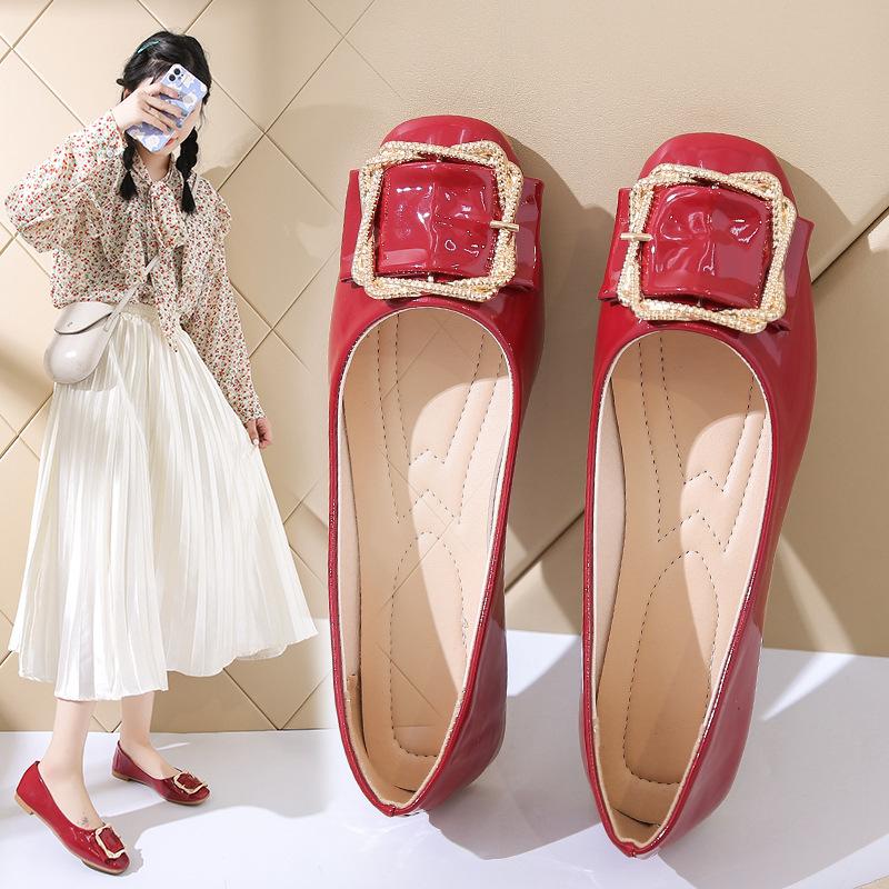 High heels women's 2025 new patent leather square head soft sole low heel Doudou shoes shallow mouth fashion versatile thick heel single shoes