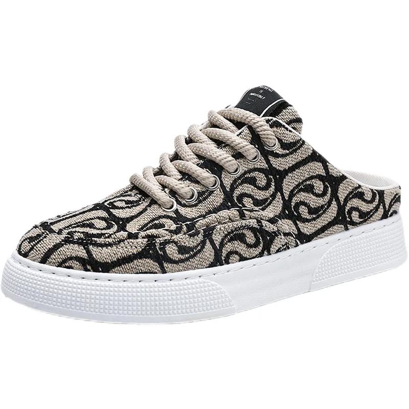 Fashion Summer Men Sandals Retro Print Canvas Shoes Indoor Men's Casual Home Mules Outdoor Flat Baotou Half Slippers Chef Shoes
