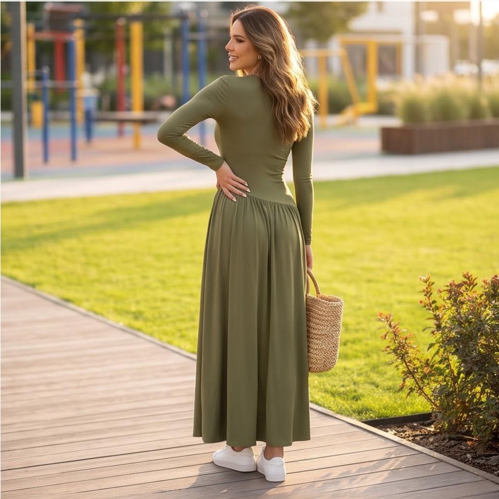 Damen Langes Casual Strickkleid mit Langen Ärmeln, Bequemes Pulloverkleid für den Alltag