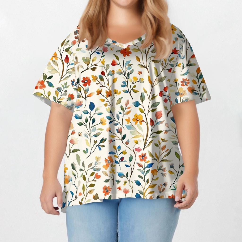 Damenmode Lässig V-Ausschnitt Pullover Kurzarm Übergröße Bedrucktes T-Shirt Top