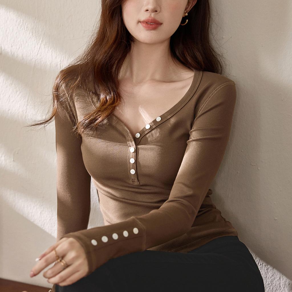 Button V-neck Long-sleeved T-shirt for Women's Pure Cotton Autumn New Style Front Shoulder Top Base Shirt