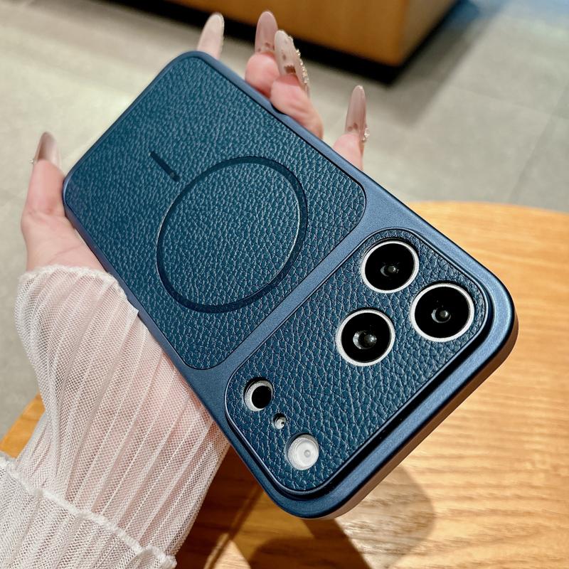 Luxury Lychee Pattern Leather Case For iPhone 17 16 15 14 13 Pro Max 16Pro  Magsafe Wireless Charge Cover