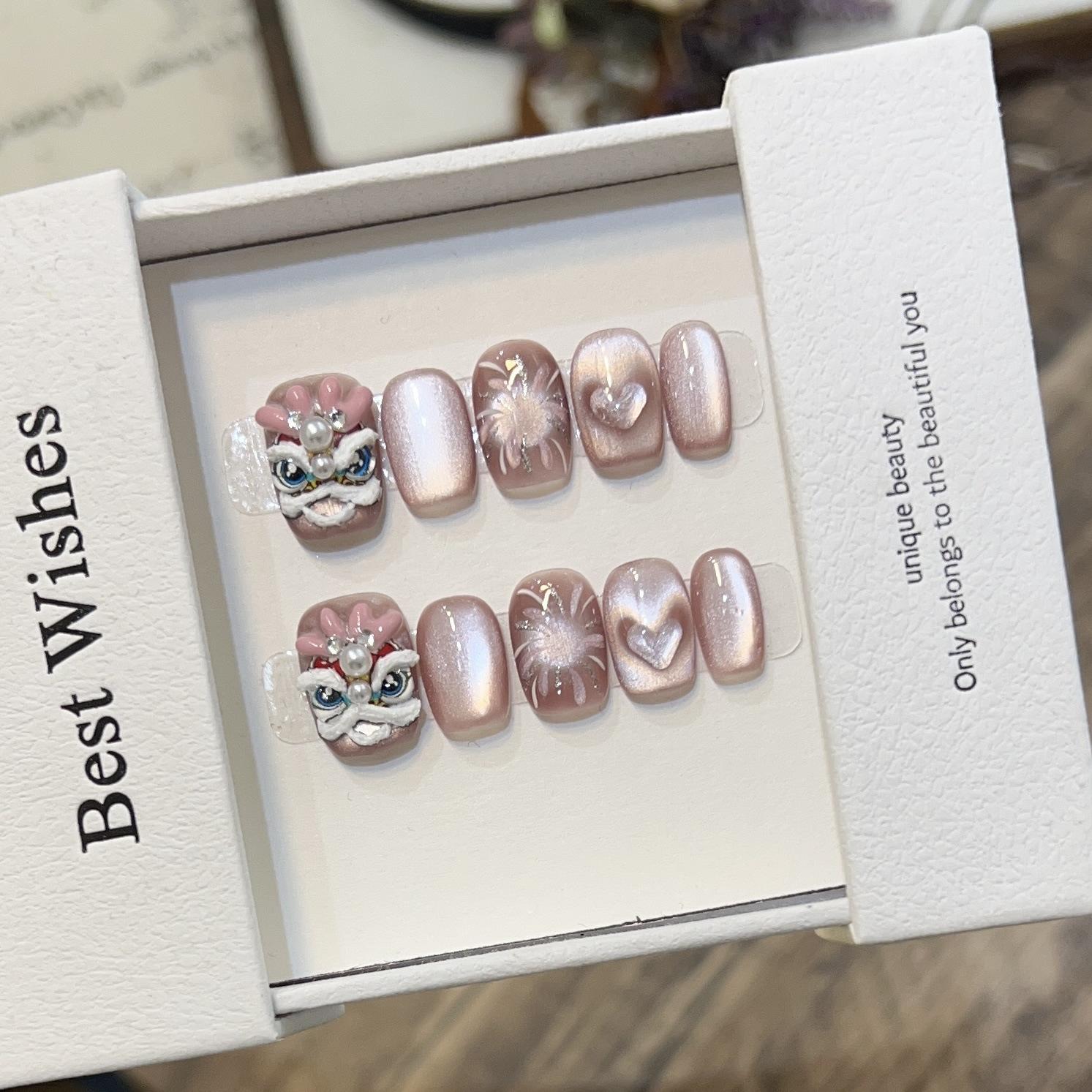 

Чистая ручная работа, короткий носибельный доспех с высококлассным кошачьим глазом, милый рог дракона, лев, фейерверки, кошачий глаз, съемная накладка для ногтей Large L