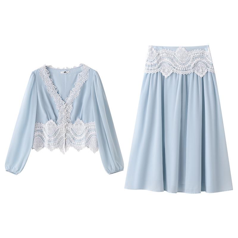

Женский топ с длинным рукавом и V-образным вырезом большого размера, юбка с высокой талией, кружевной лоскутный комплект для весны и осени 6XL