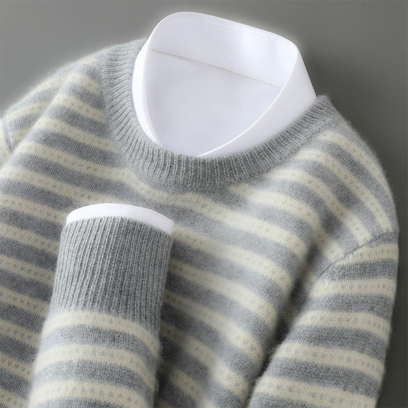 Men s 100% Pure Wool Striped Round Neck Sweater - Casual Cashmere Knitwear XL
