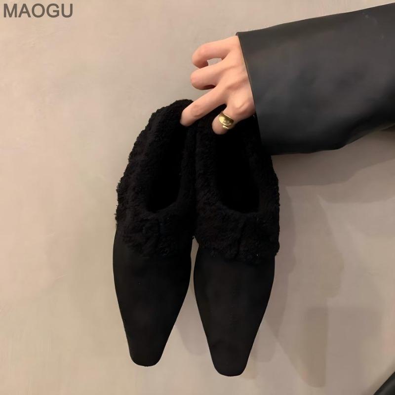 

Retro Brown Plush Lined Women s Flats Black Furry Loafers Slip-on Korean Fashion Winter Warm Shoes Non Slip Low Heel Pumps 42 чорний