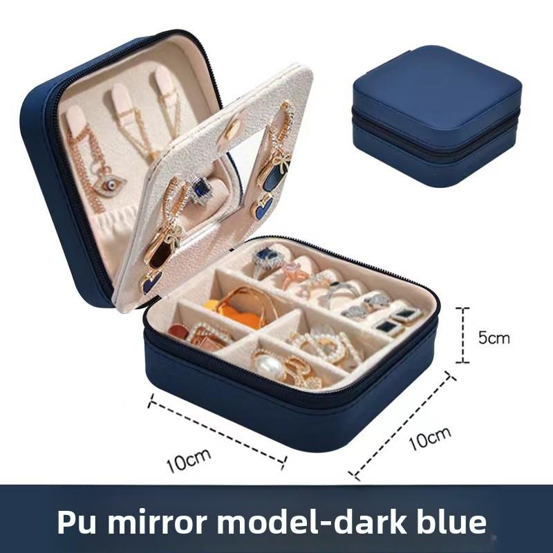 

Jewelry storage box with mirror, pu leather jewelry box, simple portable earring necklace organizer glossy-dark blue; mirror style 10*10*5