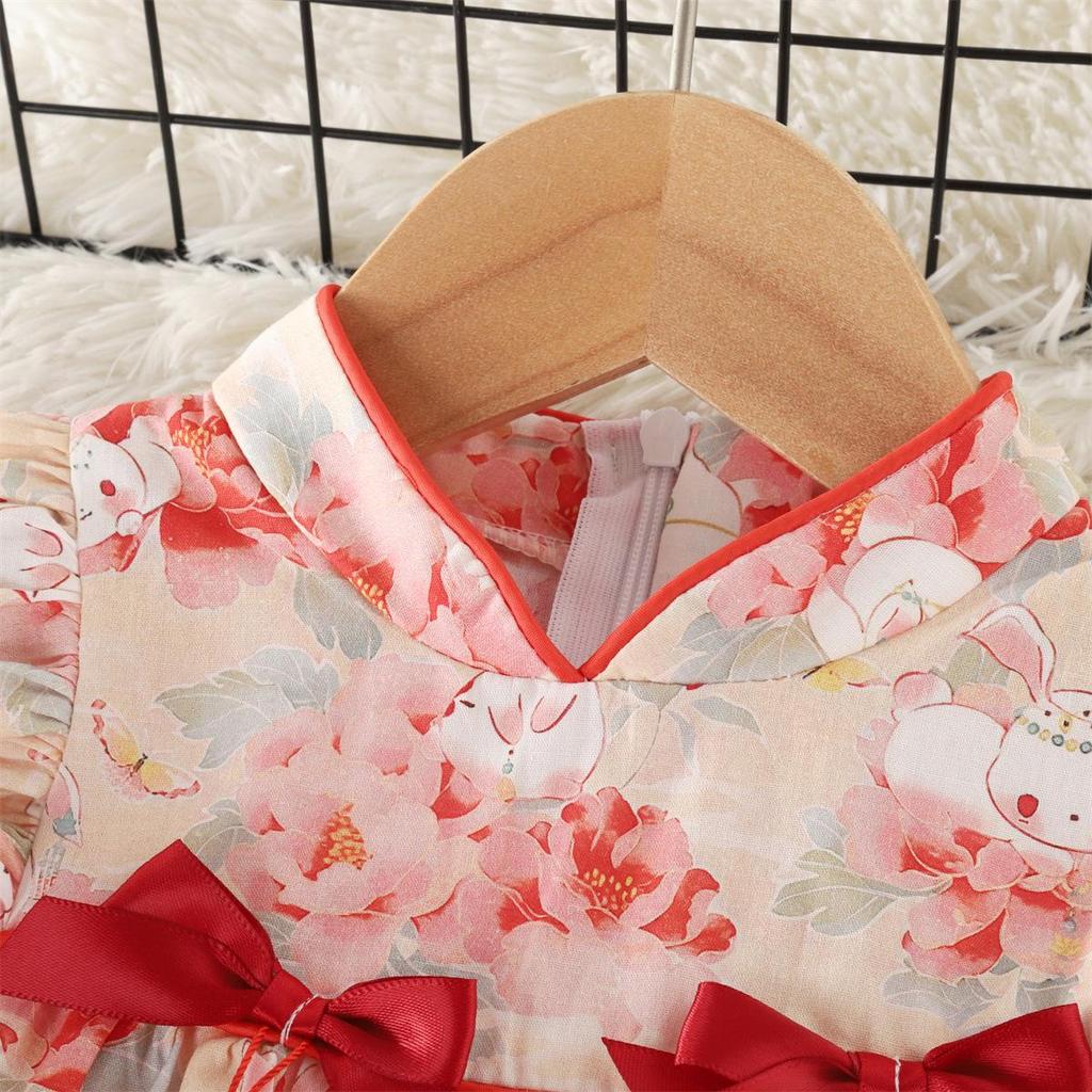 Baby Girl Summer Cheongsam Dress - Cartoon Rabbit & Floral Print