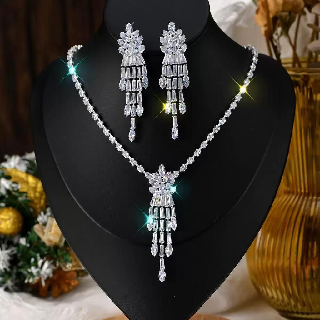 Sparkling Diamond Necklace and Earrings Set for Bride - Elegant Wedding and Evening Jewelry