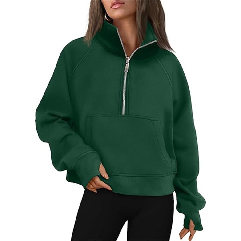 Women's Stand Collar Plus Fleece Solid Color Hoodie Long Sleeve Pocket Loose Half Zip Pullover Hoodie Top