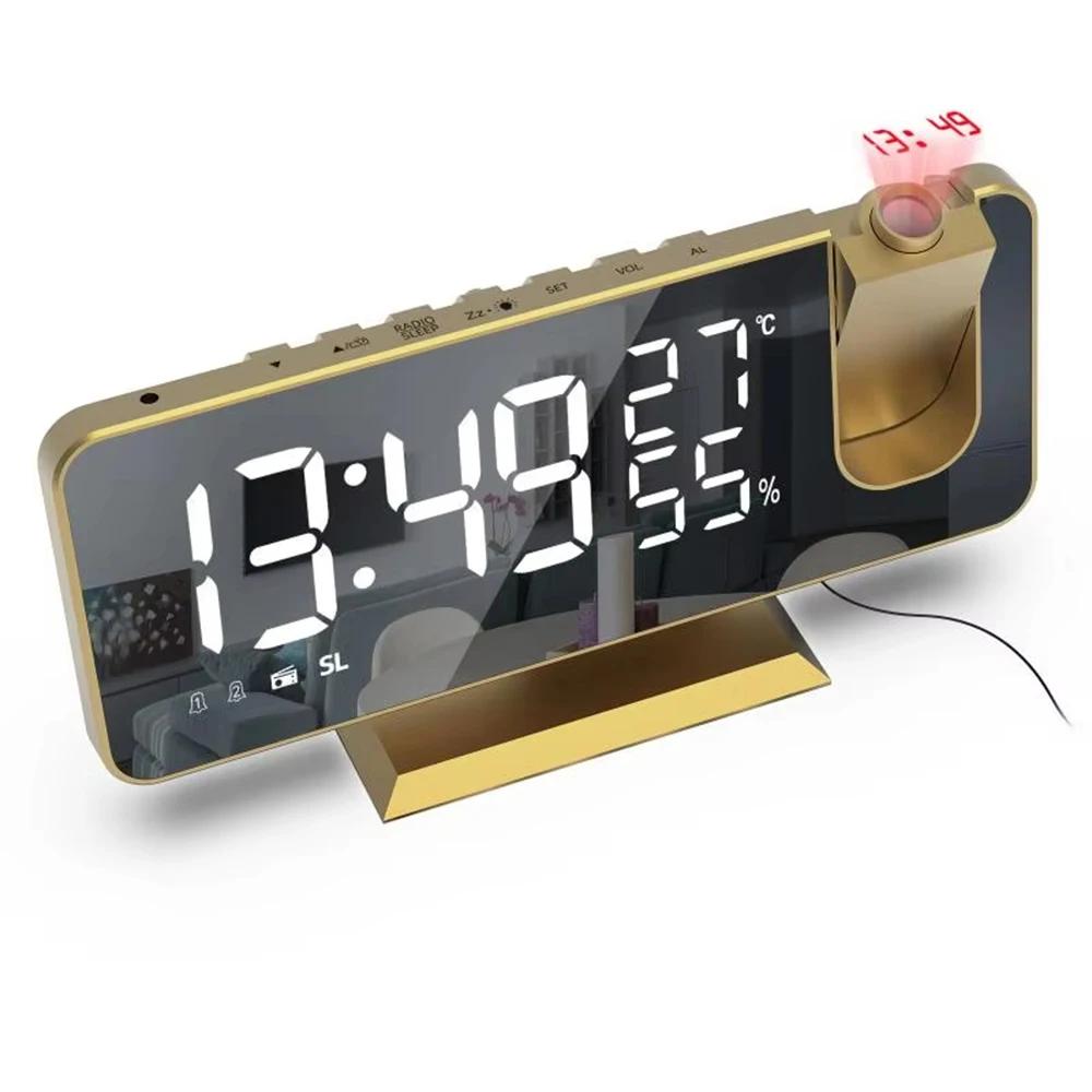 Radio LED Digital Smart Alarm Clock USB Powered Desktop Wake Up Clock with 180 Degree Time Projector Display for Home Bedroom