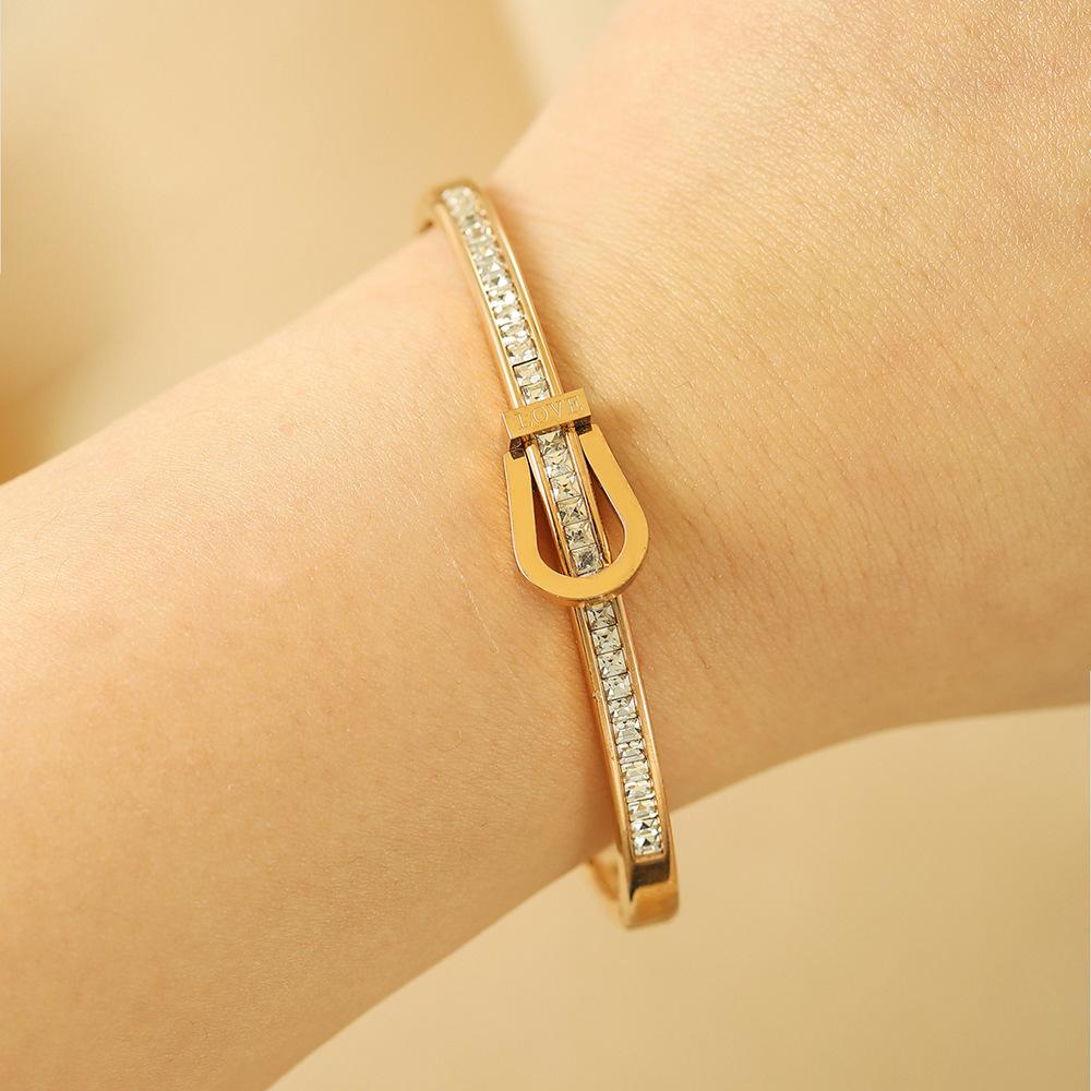 ZAKOL Classic Stainless Steel Open Bracelet for Women Men Horseshoe Buckle U-shaped Inlay Zircon Waterproof Zircon Gift